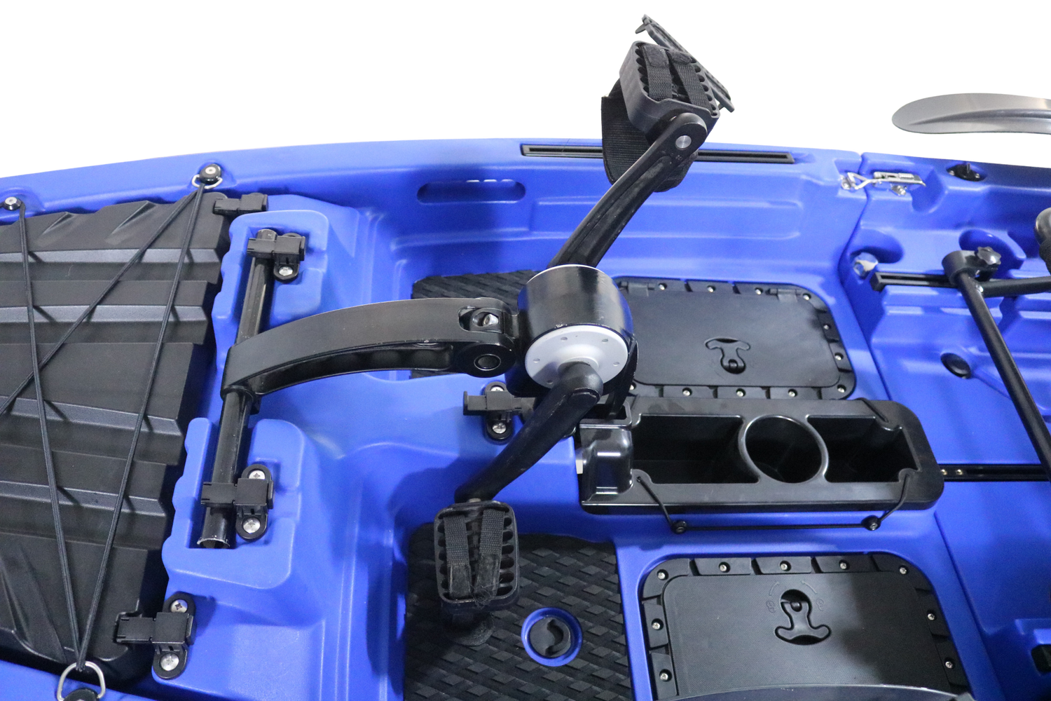 A blue modular kayak with black accents, featuring a pedal system and seating arrangement.