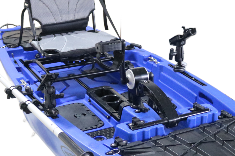 Blue fishing kayak with a seat, oar, and additional storage compartments on a white background