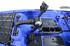 A blue modular kayak with black accents, featuring a pedal system and seating arrangement.
